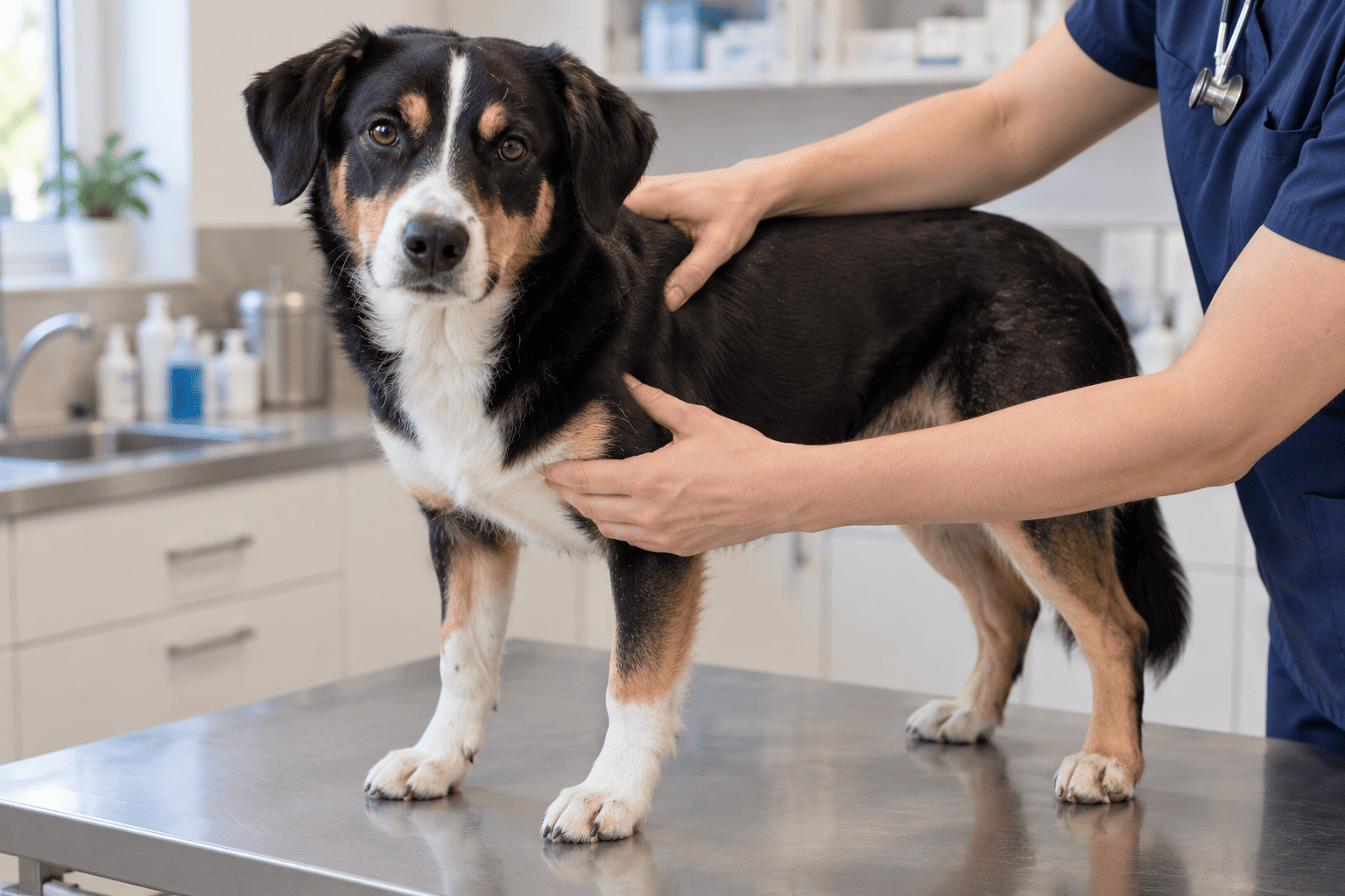 Veterinár jemne vyšetruje krčnú oblasť pokojného psa